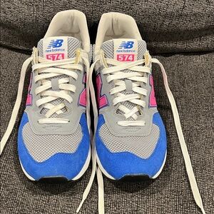 New Balance 574 Gray and Blue with Pink Accents